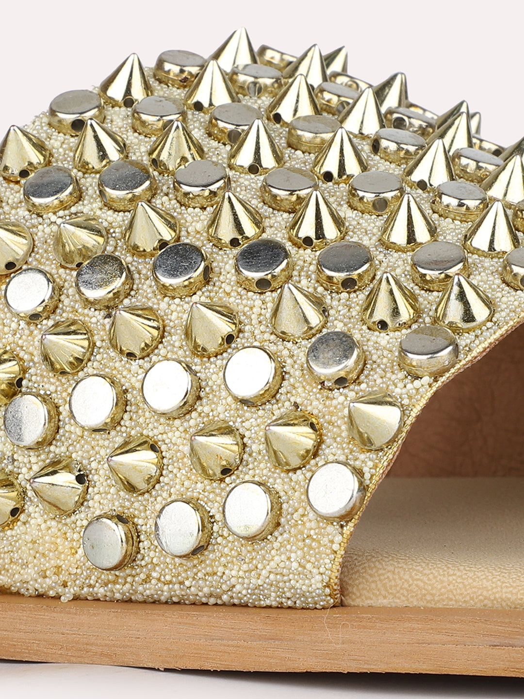 Womens Beige Ethnic Embellished Open Toe Slip-On Flat Sandals