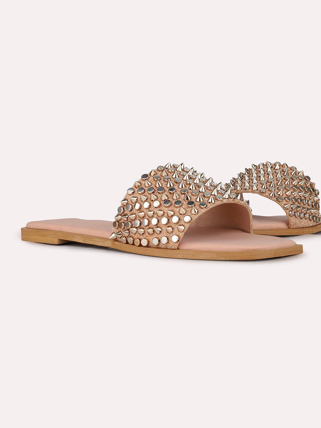Womens Peach Ethnic Embellished Open Toe Slip-On Flat Sandals
