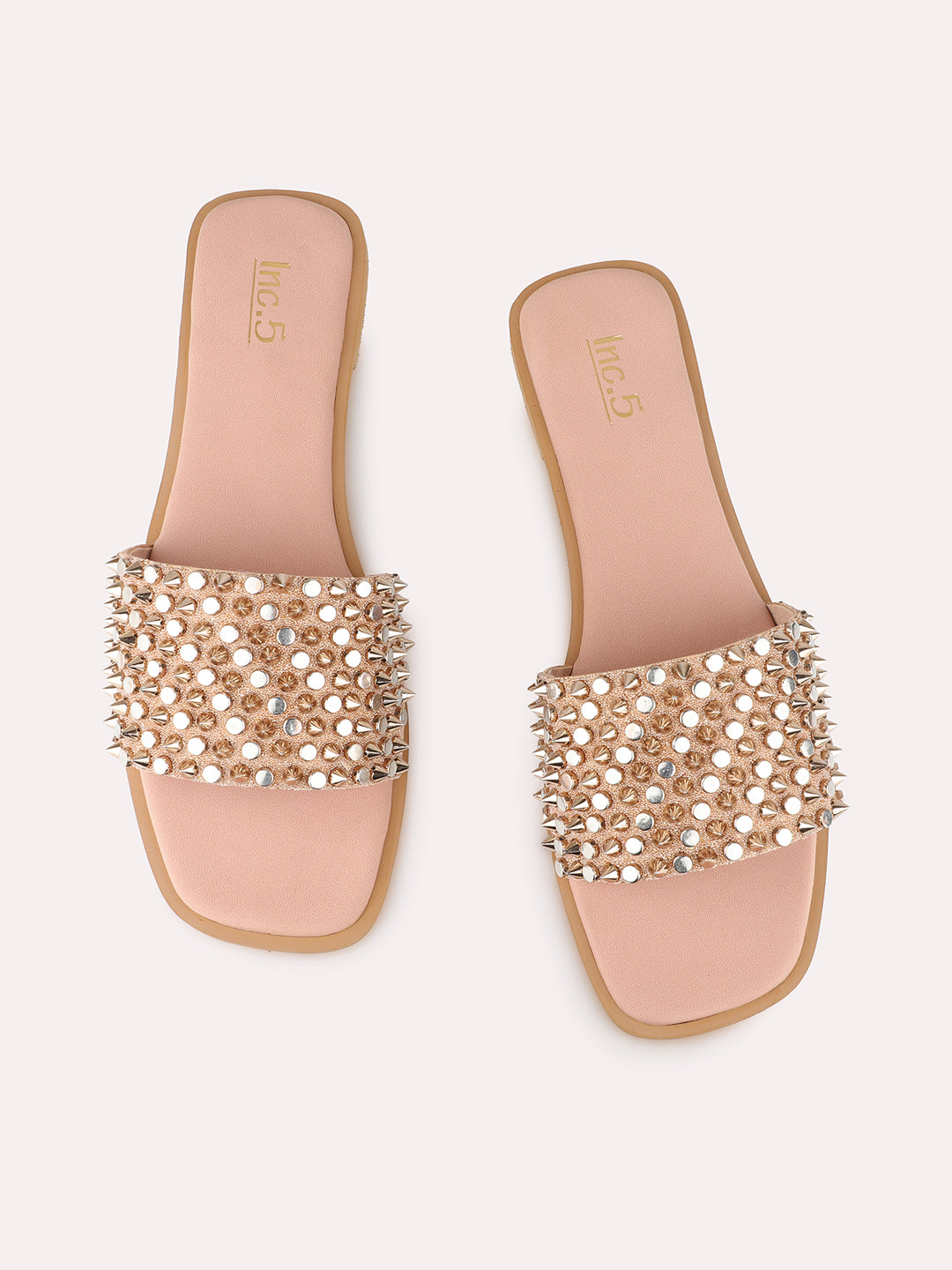 Womens Peach Ethnic Embellished Open Toe Slip-On Flat Sandals