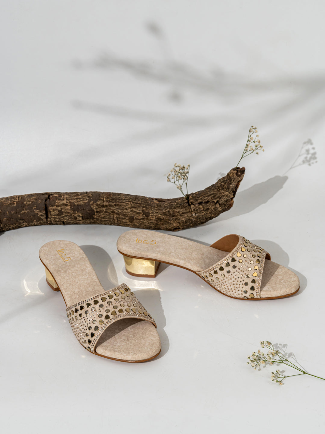 Women Golden Ethnic Embellished Round Toe Block Heel Sandals