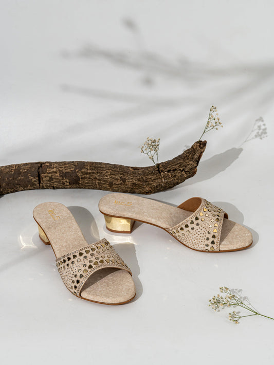 Women Golden Ethnic Embellished Round Toe Block Heels