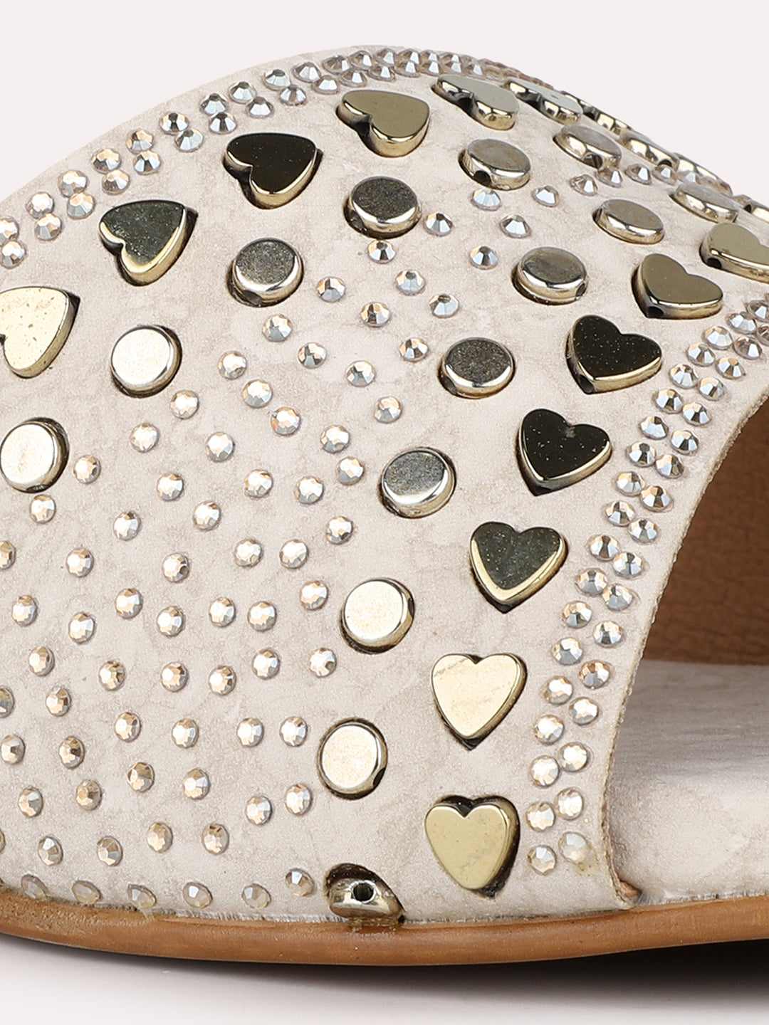 Women Golden Ethnic Embellished Round Toe Block Heels