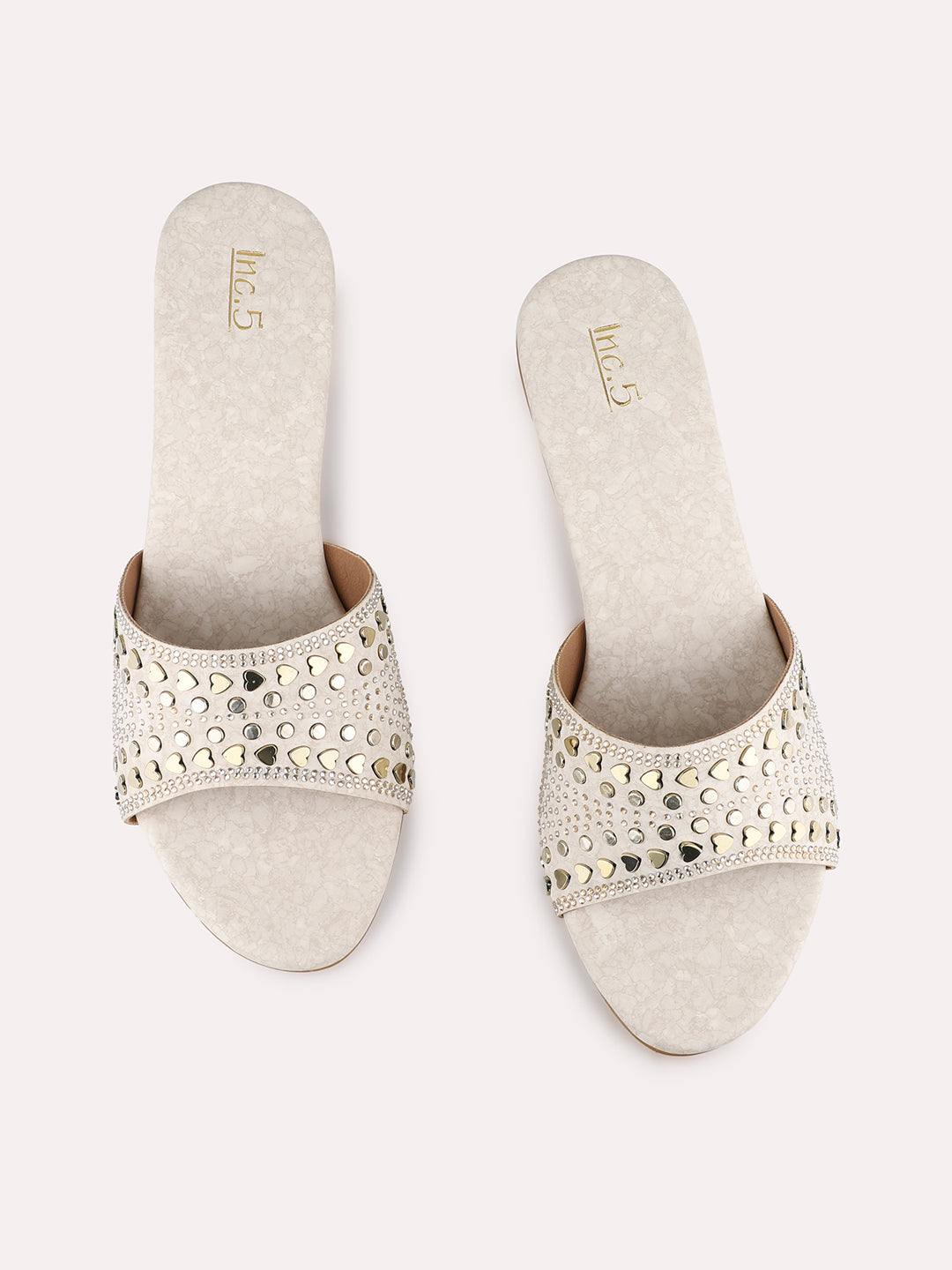 Women Golden Ethnic Embellished Round Toe Block Heels