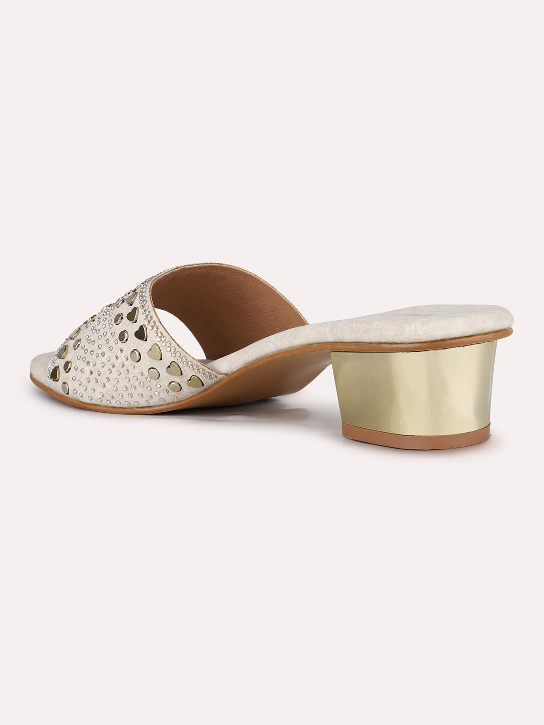 Women Golden Ethnic Embellished Round Toe Block Heels
