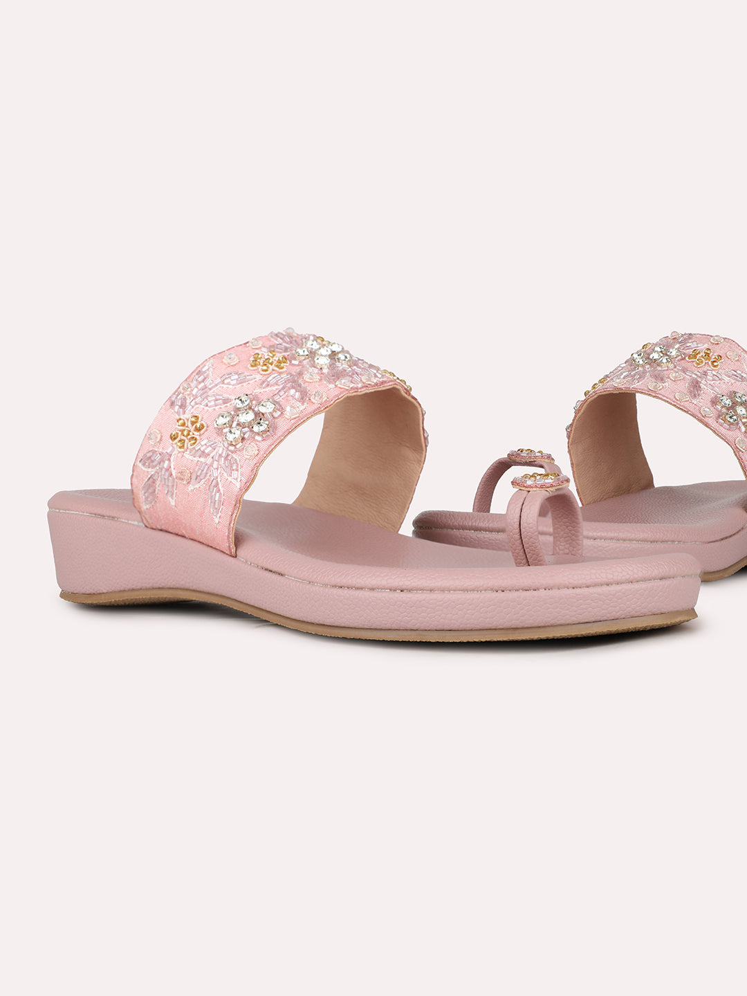 Womens Pink Ethnic Embellished Round Toe Flatform Heel Sandals