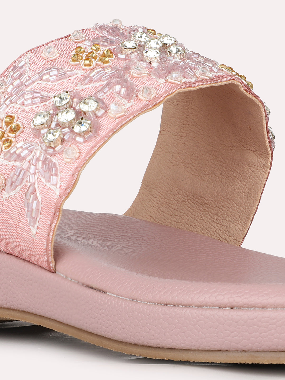 Womens Pink Ethnic Embellished Round Toe Flatform Heel Sandals