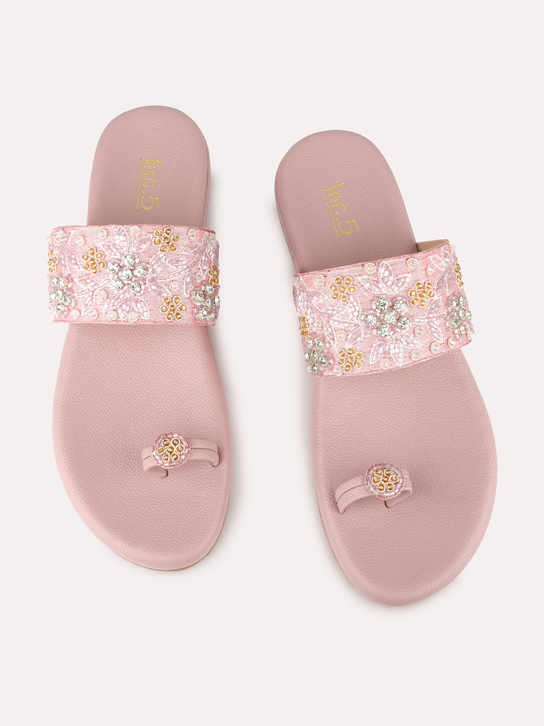 Womens Pink Ethnic Embellished Round Toe Flatform Heel Sandals