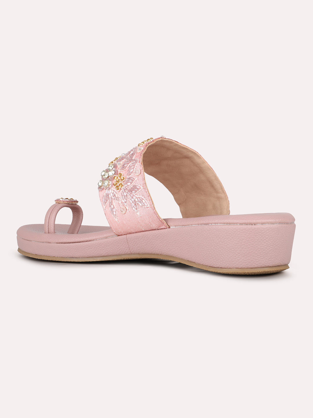 Womens Pink Ethnic Embellished Round Toe Flatform Heel Sandals