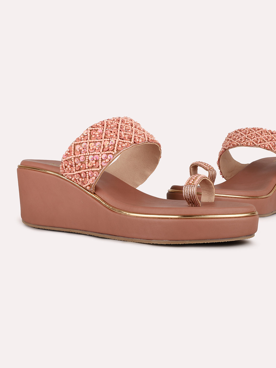 Women Rose Gold Ethnic Embellished Round Toe Wedge Heel Sandals