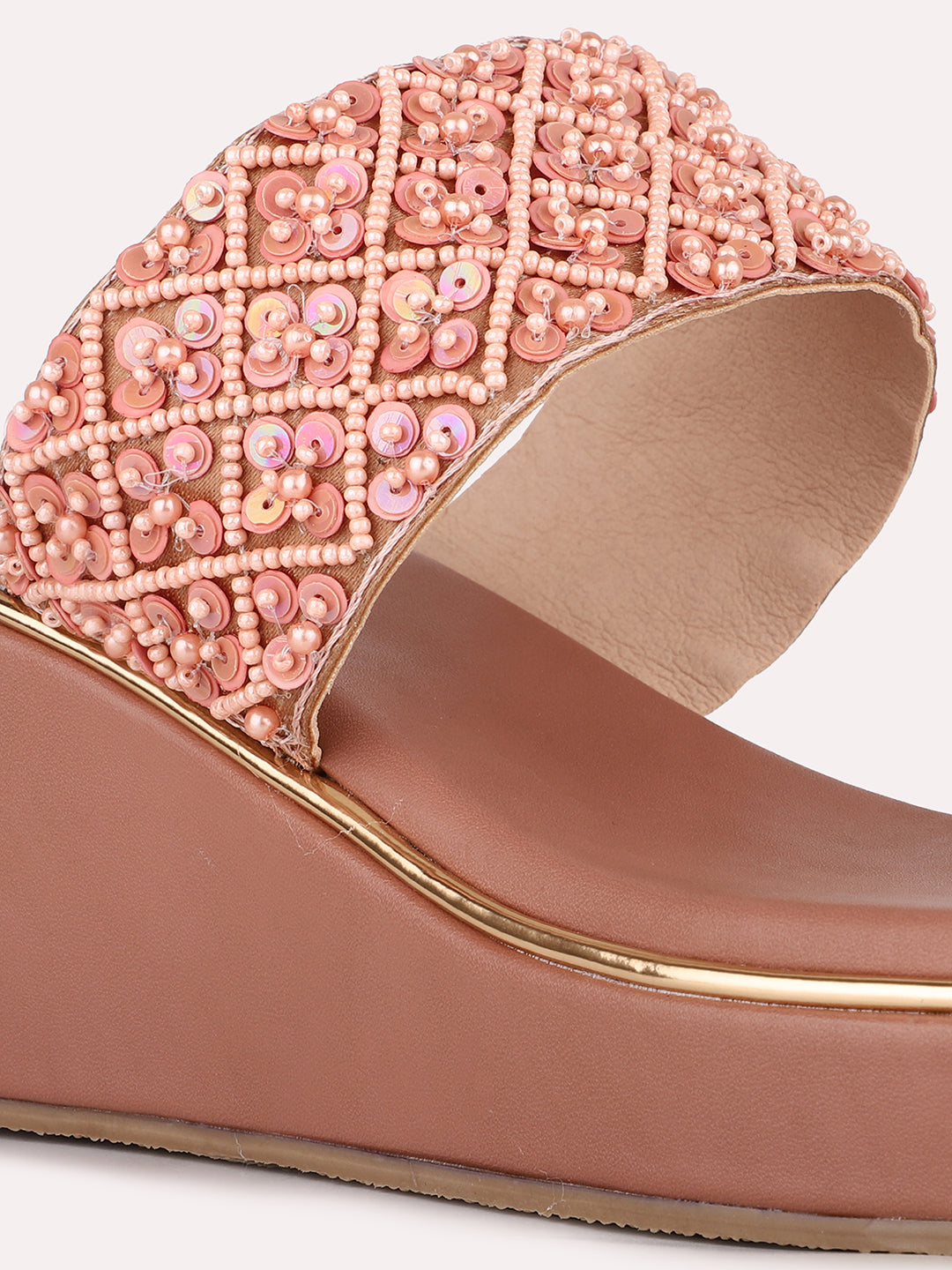 Women Rose Gold Ethnic Embellished Round Toe Wedge Heel Sandals