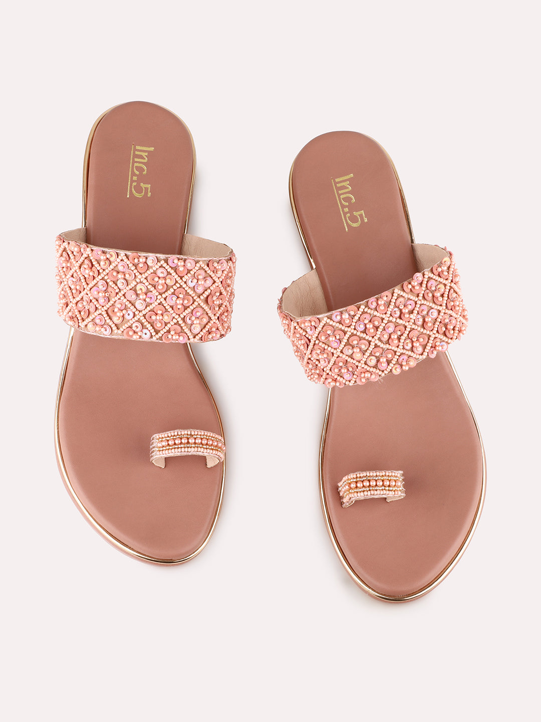 Women Rose Gold Ethnic Embellished Round Toe Wedge Heels