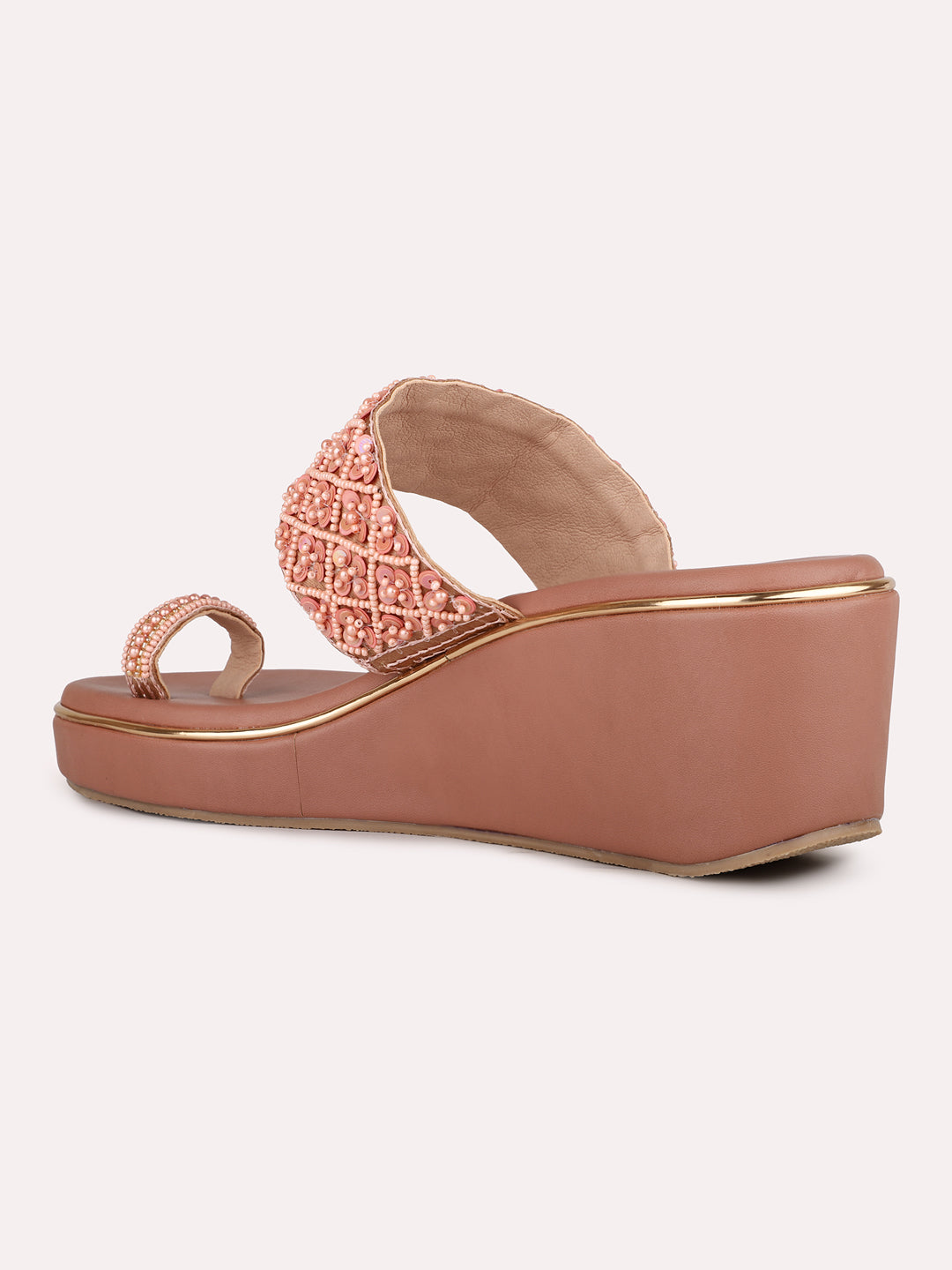 Women Rose Gold Ethnic Embellished Round Toe Wedge Heel Sandals