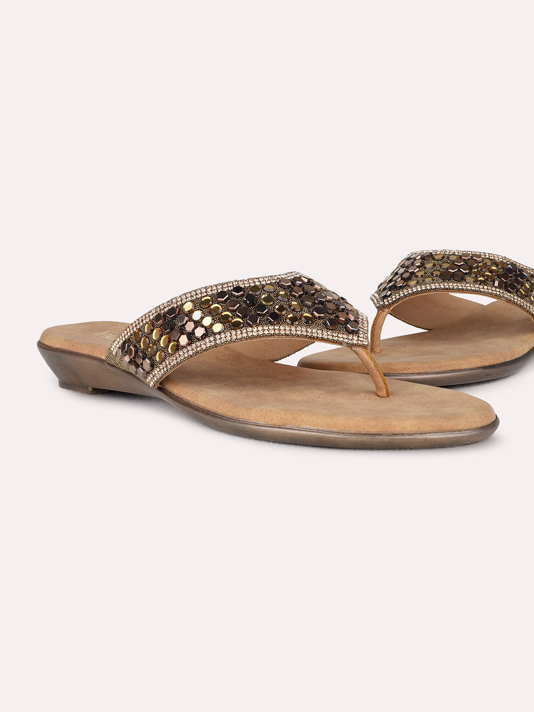 Womens Golden Ethnic Embellished T-Strap Flat Slip-On Sandals