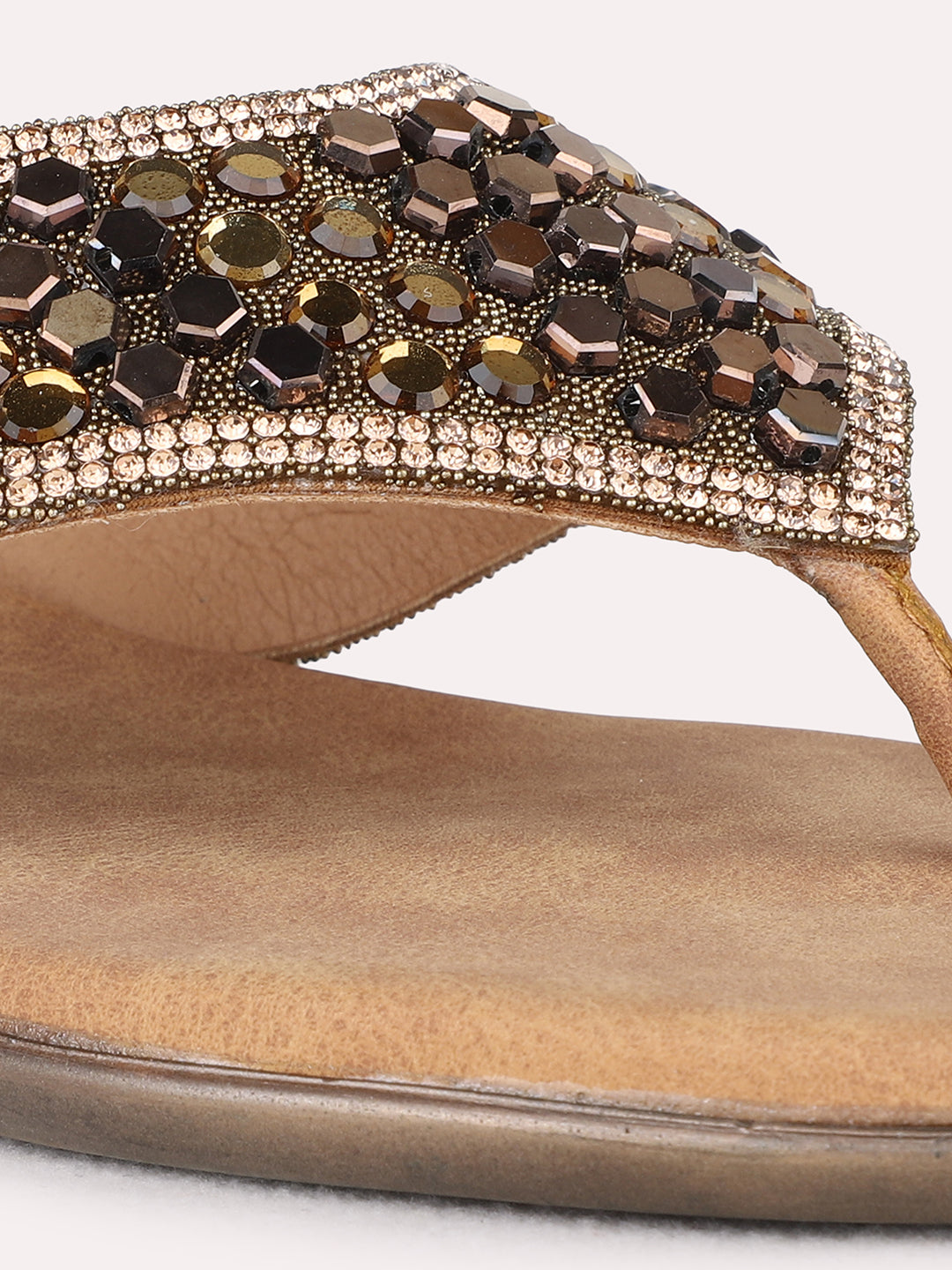 Womens Golden Ethnic Embellished T-Strap Flat Slip-On Sandals