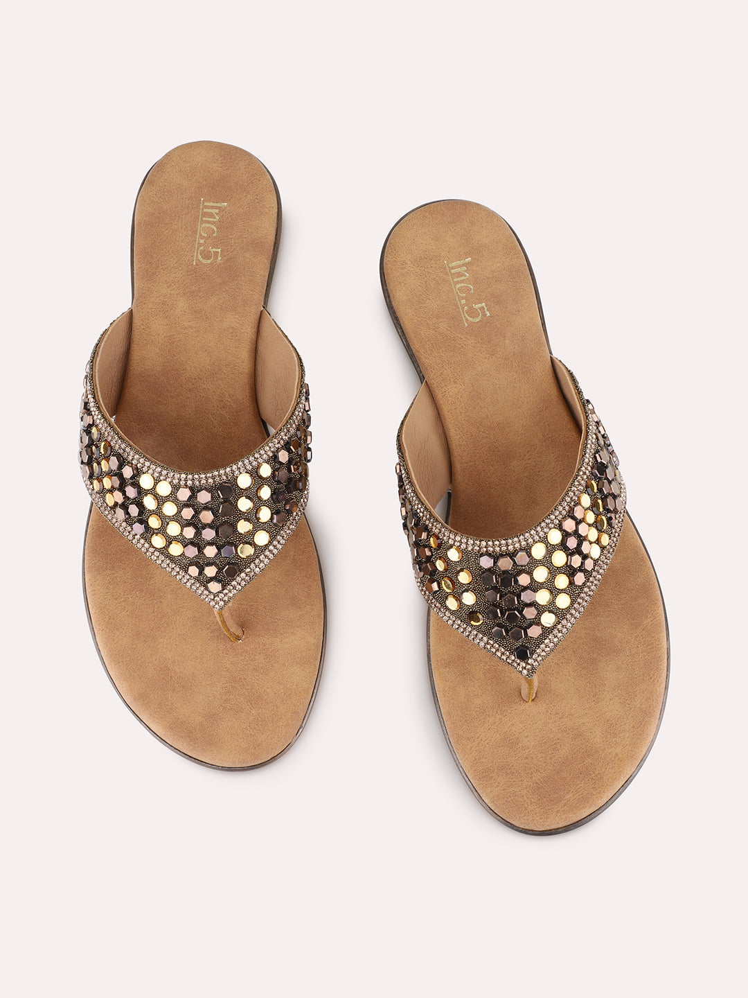 Womens Golden Ethnic Embellished T-Strap Flat Slip-On Sandals