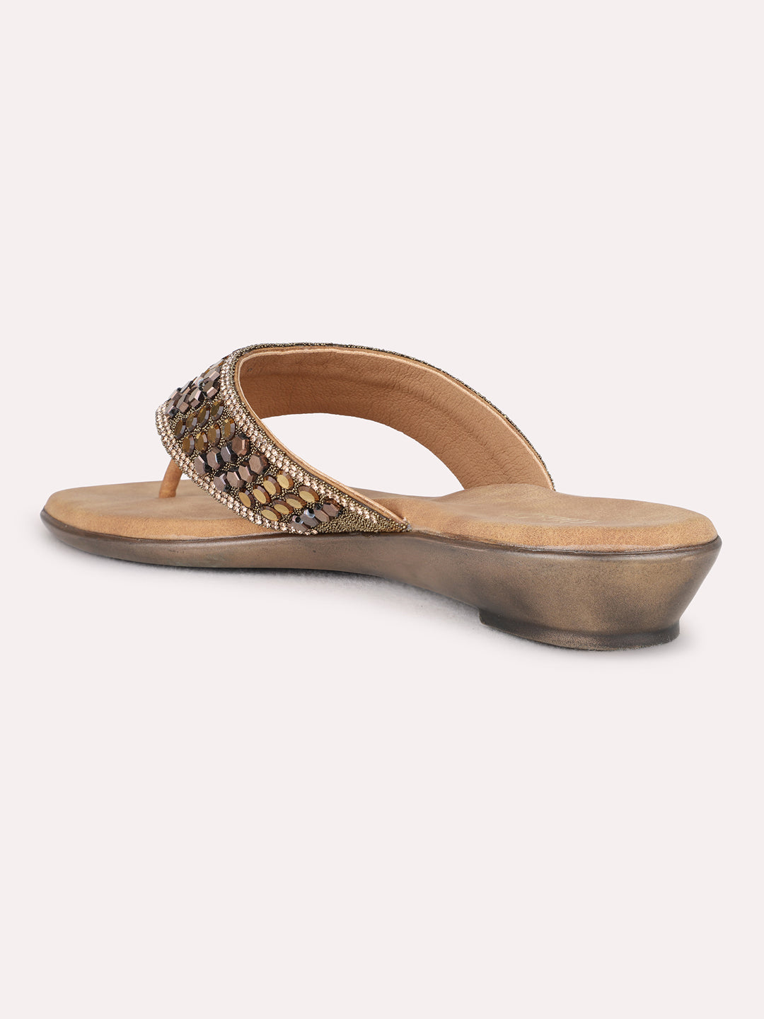 Womens Golden Ethnic Embellished T-Strap Flat Slip-On Sandals