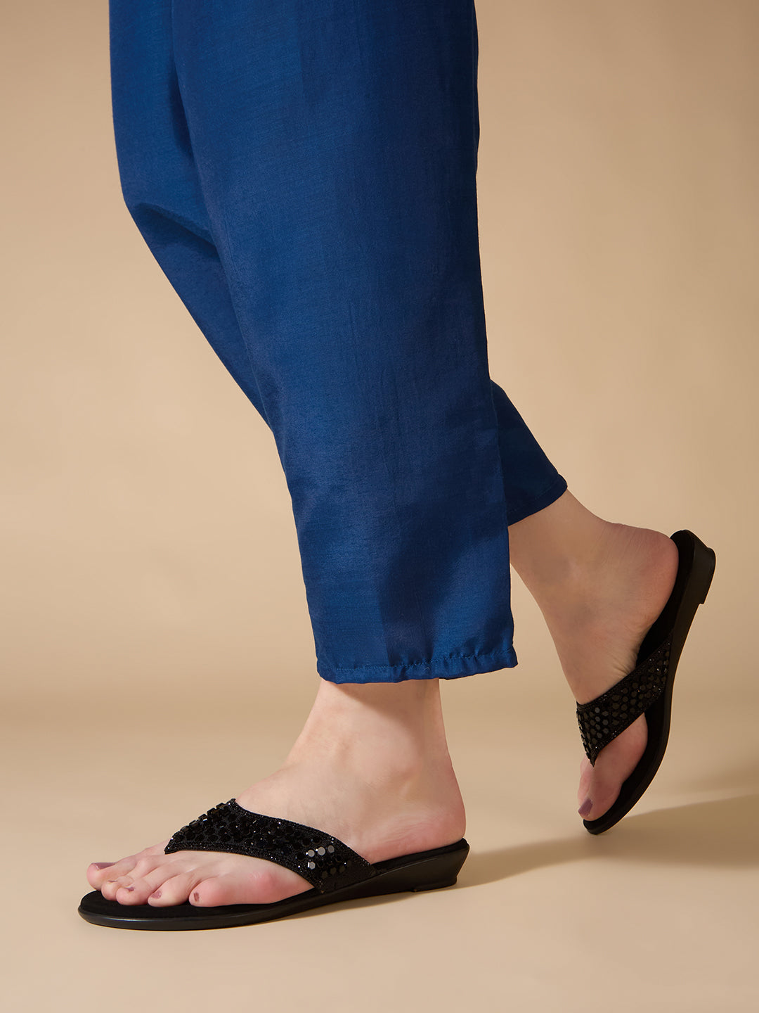 Womens Black Ethnic Embellished T-Strap Flat Slip-On Sandals