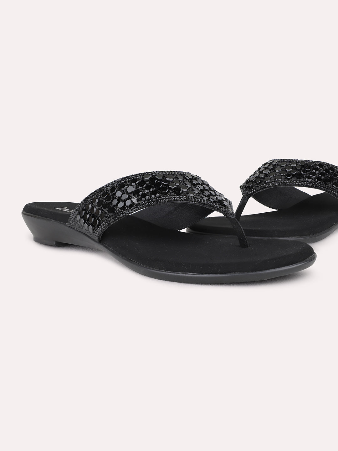 Womens Black Ethnic Embellished T-Strap Flat Slip-On Sandals