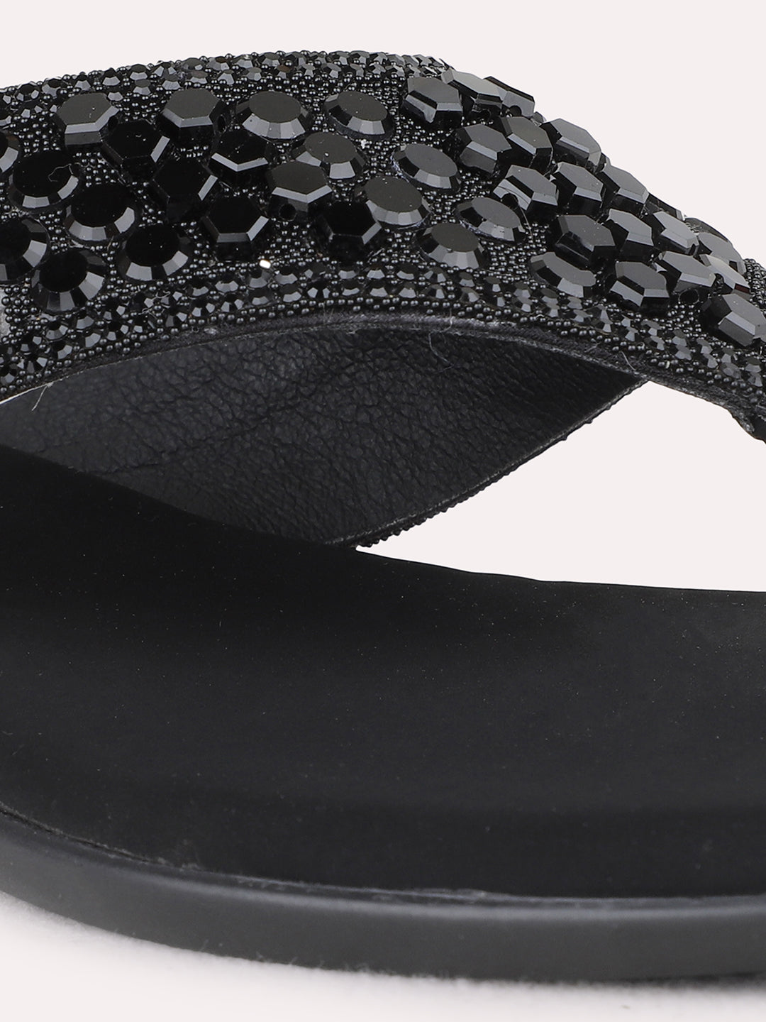 Womens Black Ethnic Embellished T-Strap Flat Slip-On Sandals