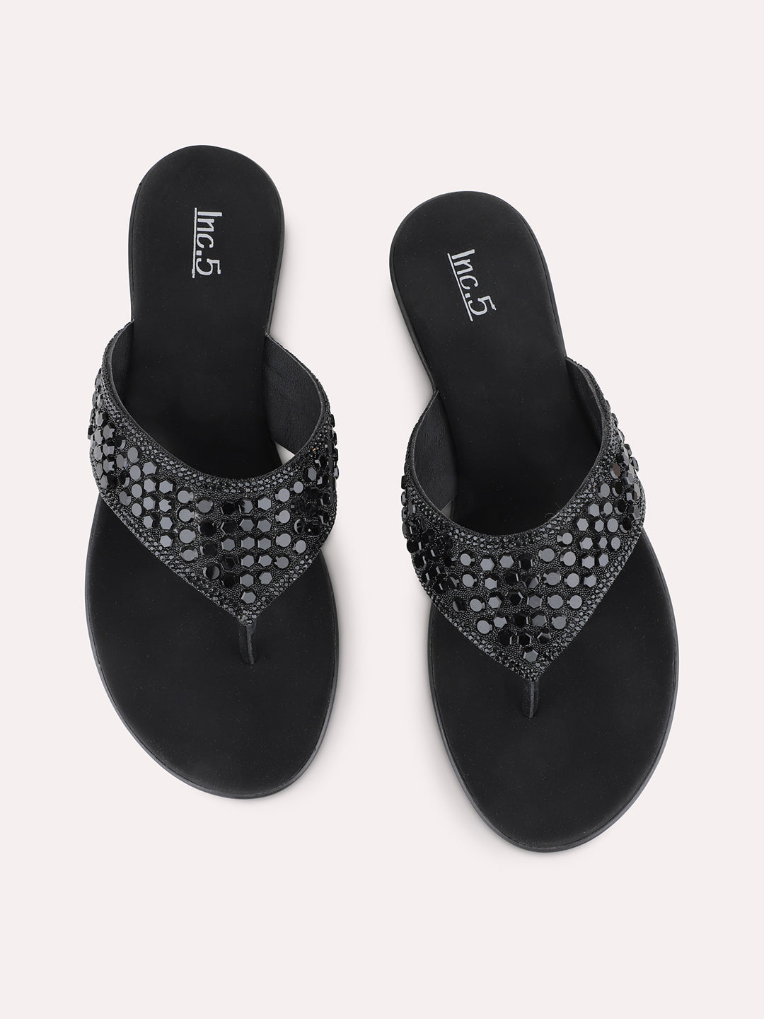 Womens Black Ethnic Embellished T-Strap Flat Slip-On Sandals