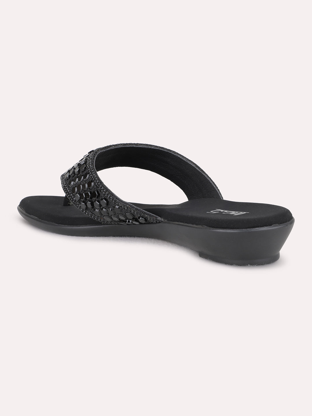 Womens Black Ethnic Embellished T-Strap Flat Slip-On Sandals