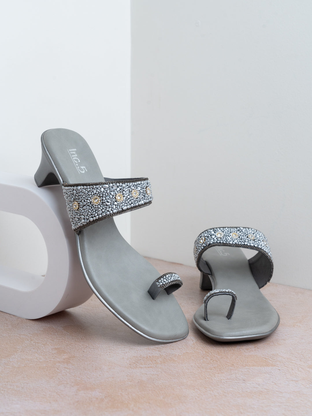 Womens Pewter Ethnic Embellished Round Toe Block Heel Sandals