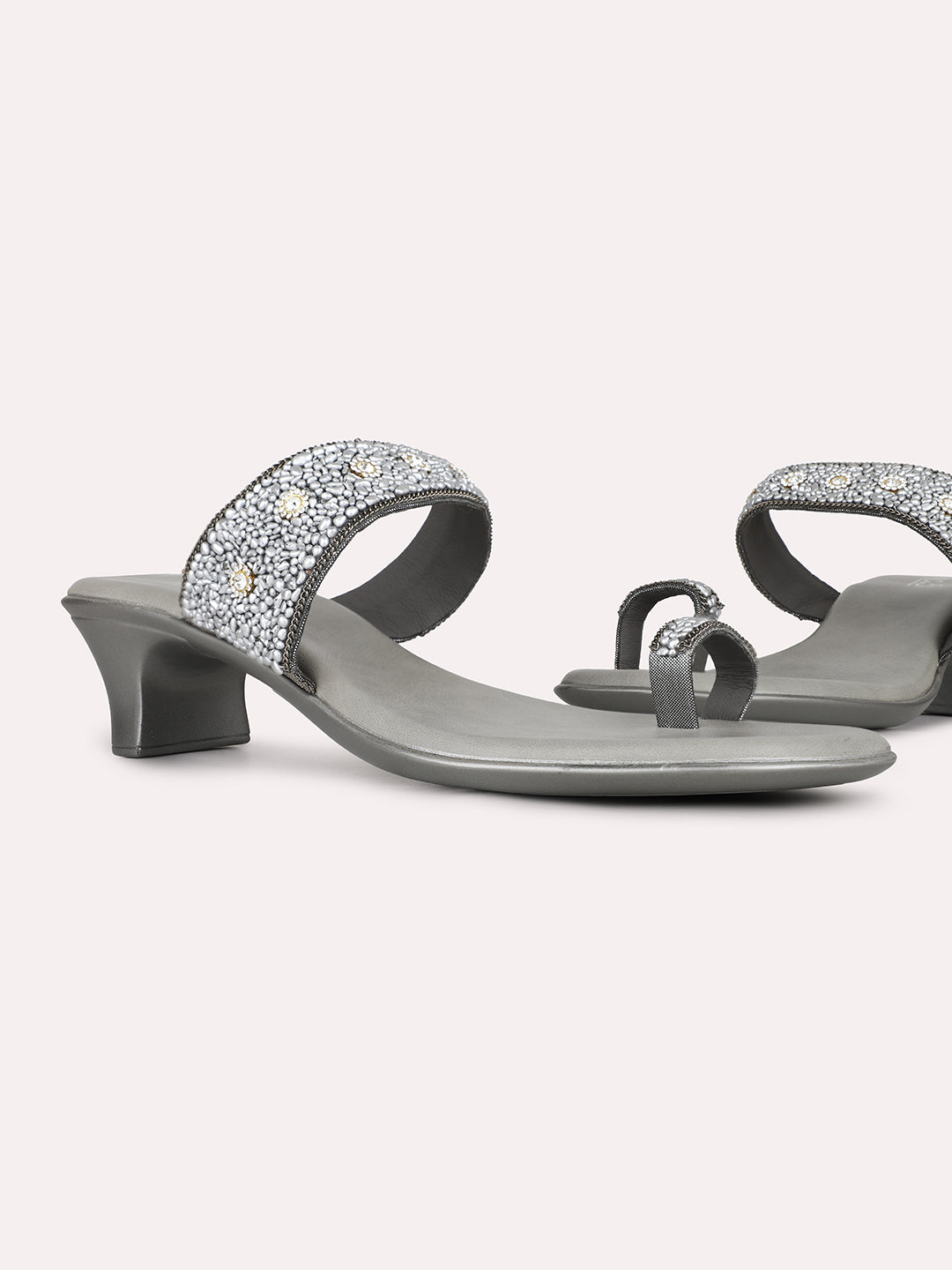 Womens Pewter Ethnic Embellished Round Toe Block Heel Sandals