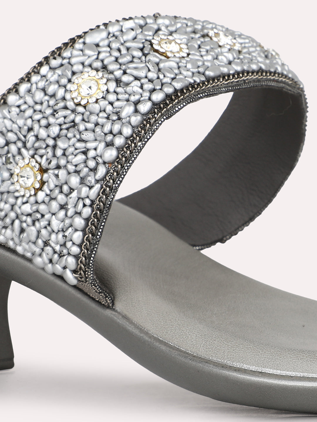 Womens Pewter Ethnic Embellished Round Toe Block Heel Sandals