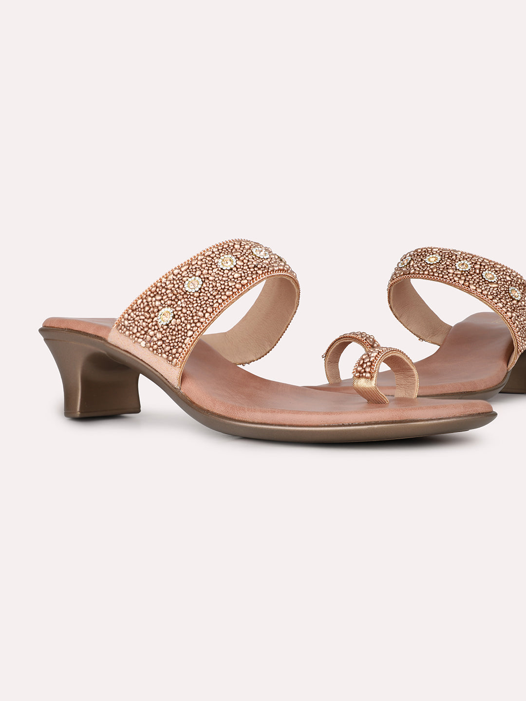 Womens Rose Gold Ethnic Embellished Round Toe Block Heel Sandals