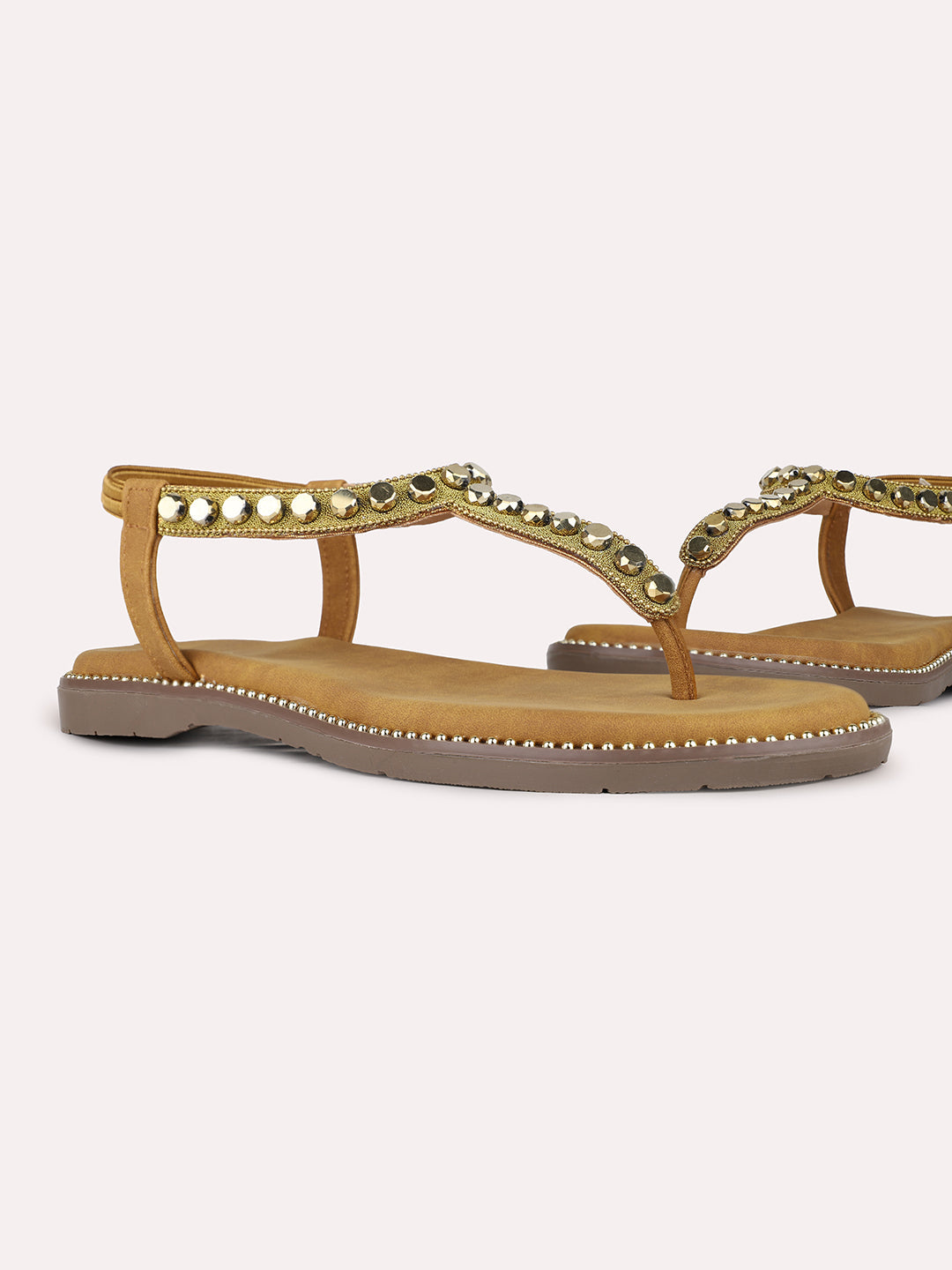 Women Golden Ethnic Embellished T-Strap Flat Sandals