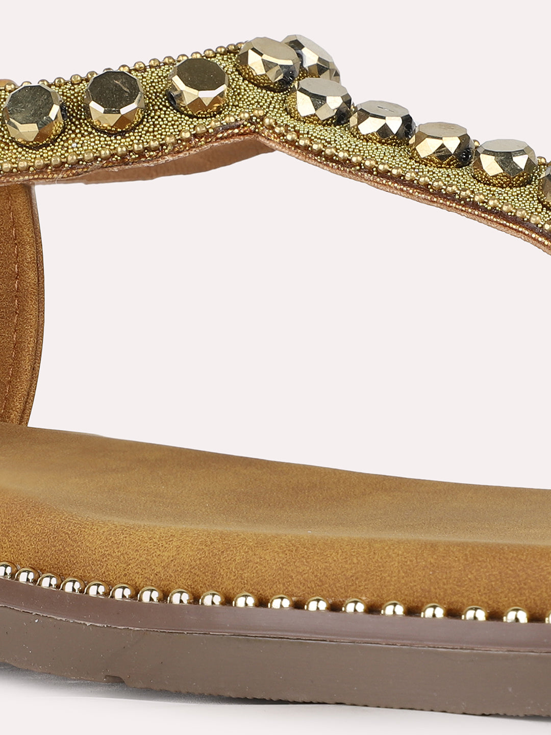 Womens Golden Ethnic Embellished T-Strap Flat Slip-Ons