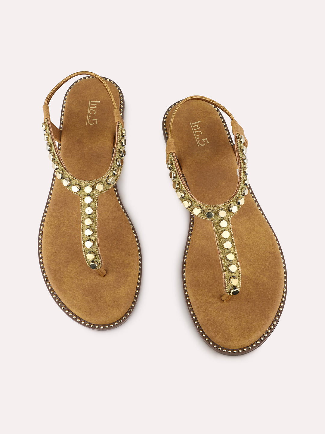 Womens Golden Ethnic Embellished T-Strap Flat Slip-Ons