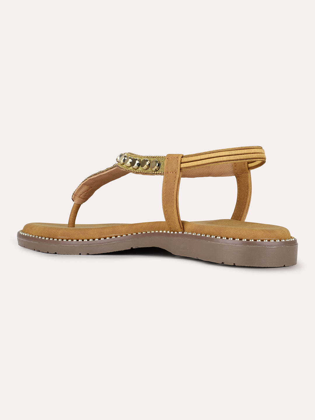 Womens Golden Ethnic Embellished T-Strap Flat Slip-Ons
