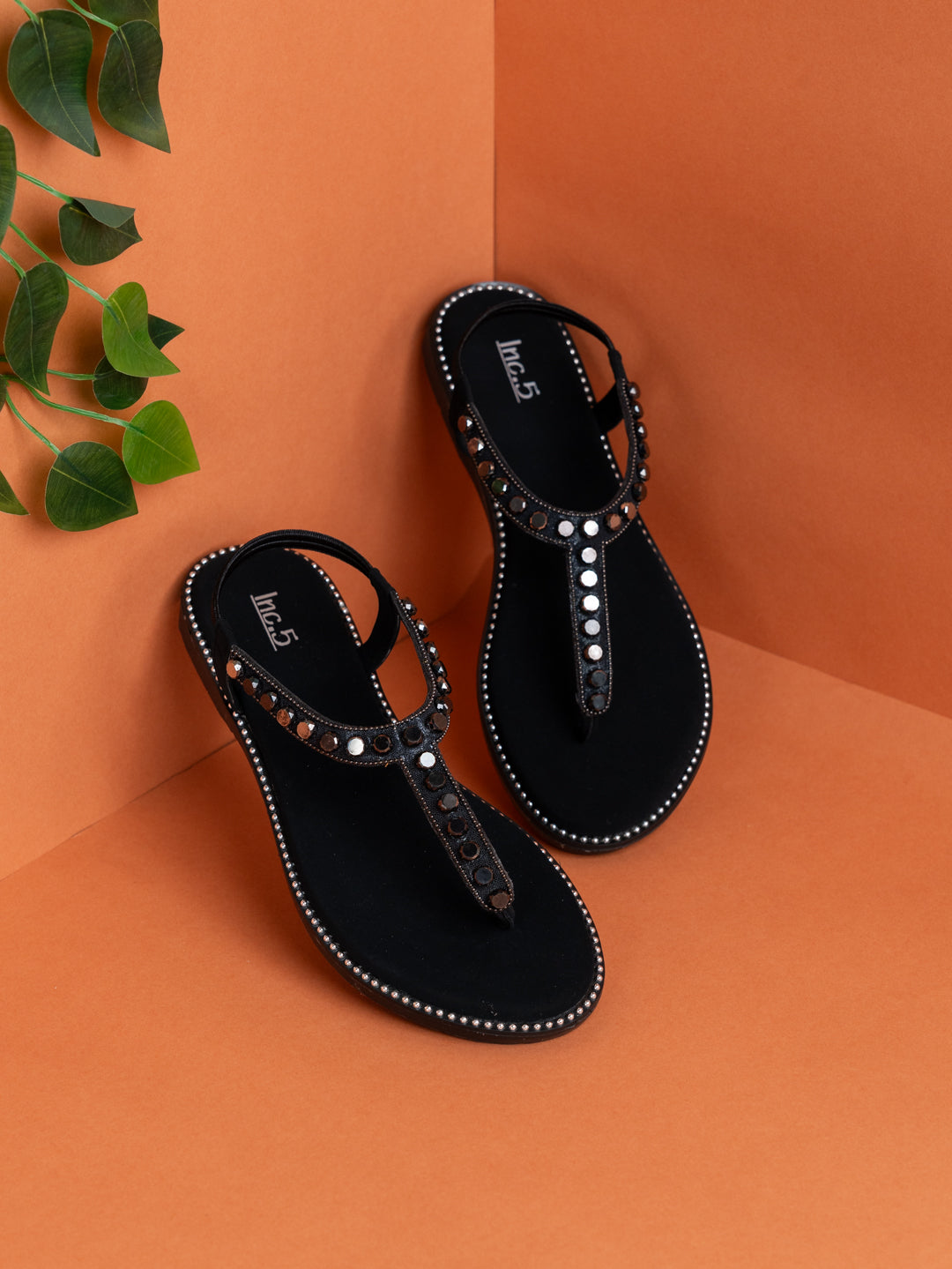 Womens Black Casual Embellished T-Strap Slip-On Flat Sandals