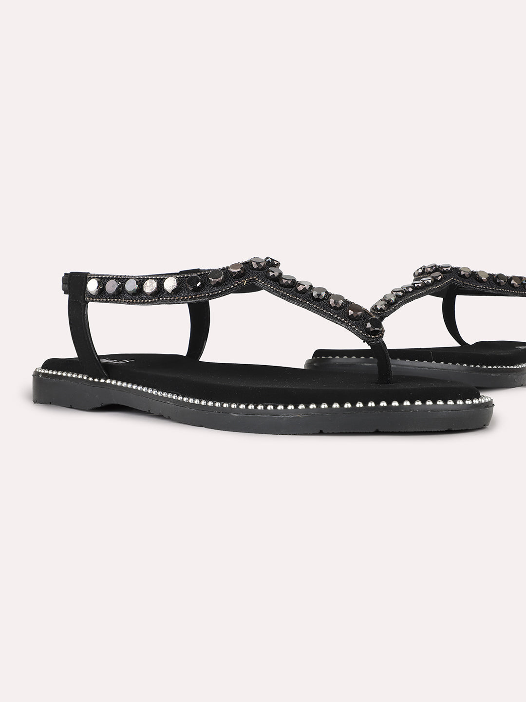 Womens Black Casual Embellished T-Strap Slip-On Flat Sandals