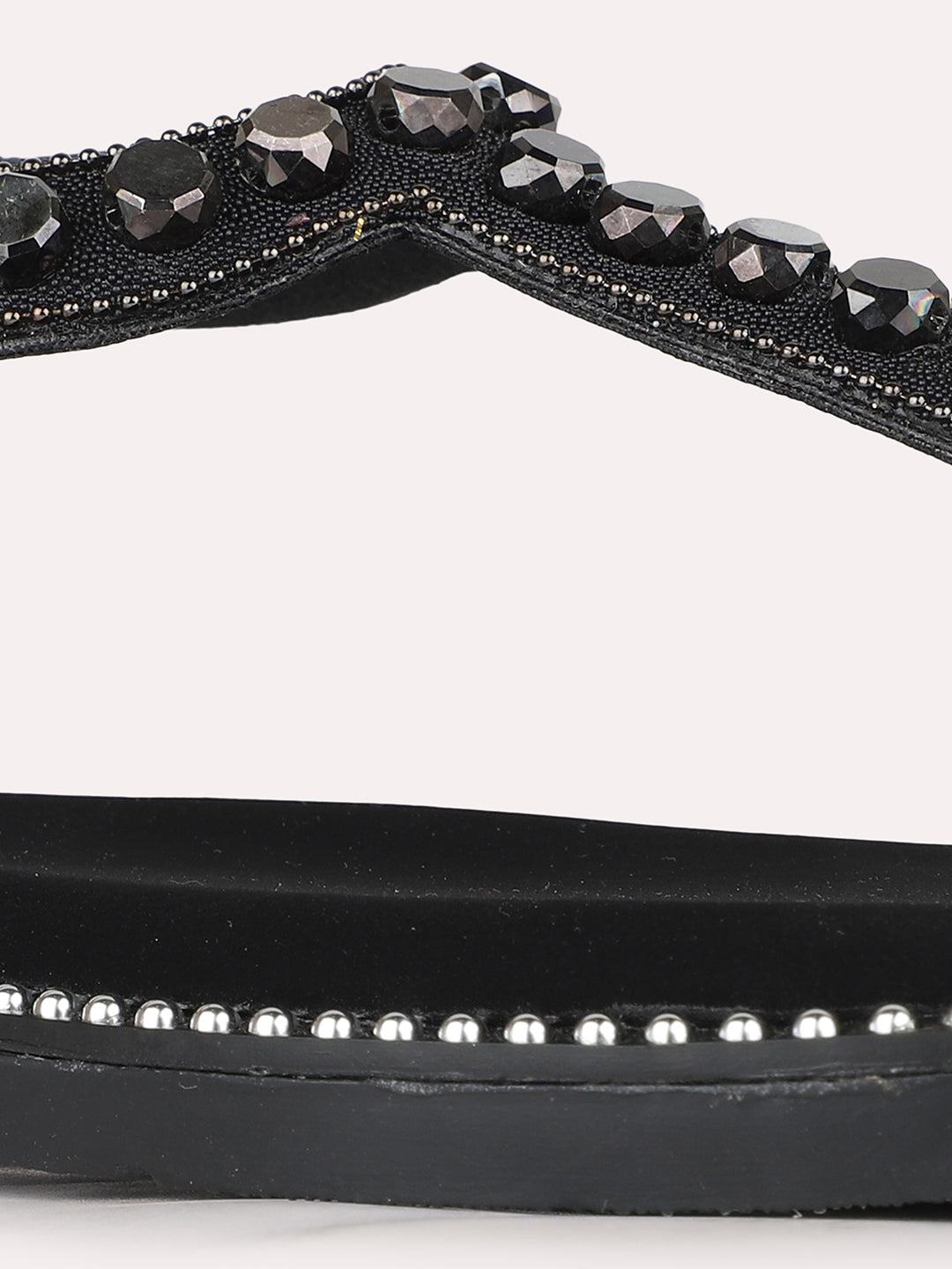 Womens Black Casual Embellished T-Strap Slip-On Flat Sandals