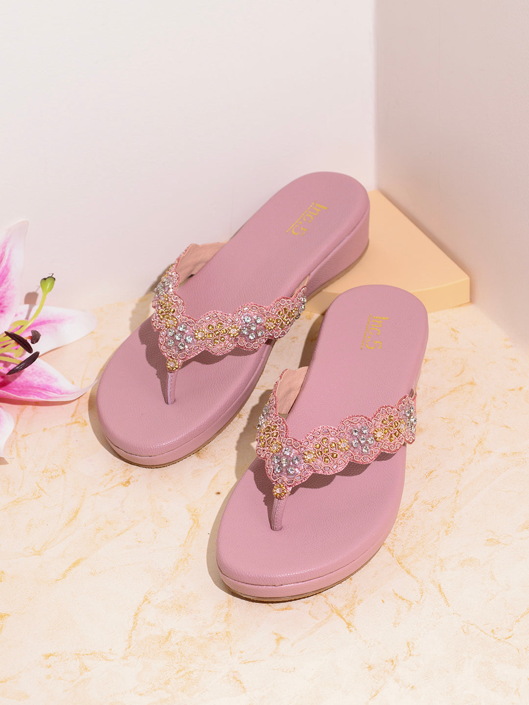 Womens Rose Gold Ethnic Embellished T-Strap Slip-On Flat Sandals