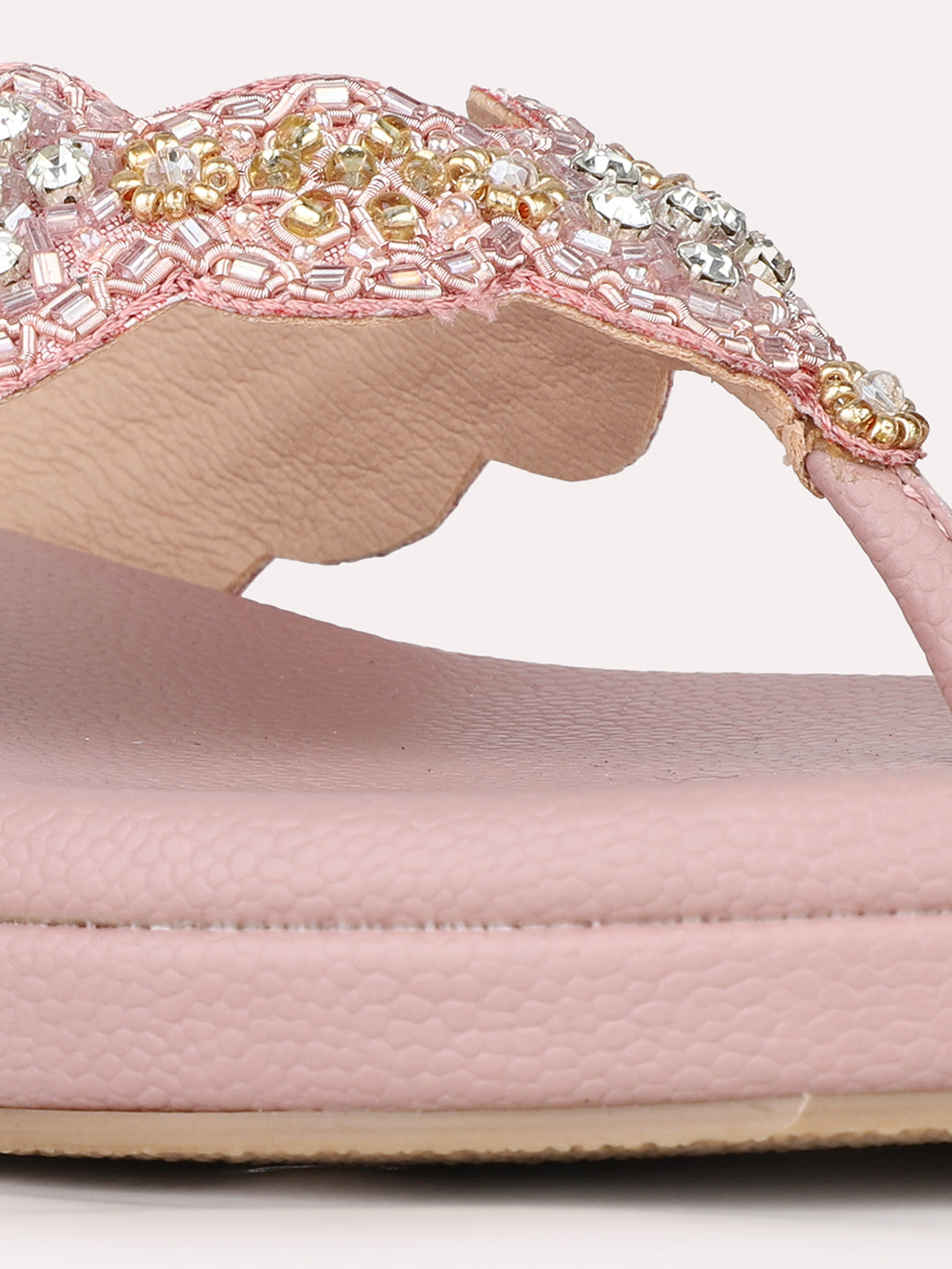 Womens Rose Gold Ethnic Embellished T-Strap Slip-On Flat Sandals