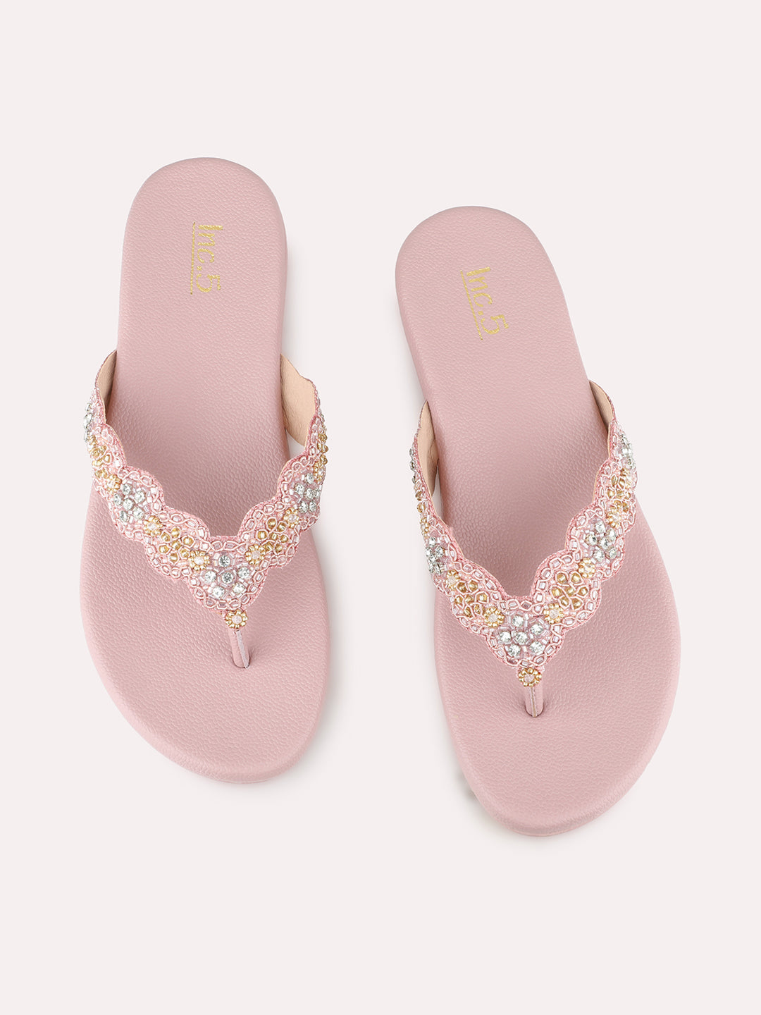 Womens Rose Gold Ethnic Embellished T-Strap Slip-On Flat Sandals