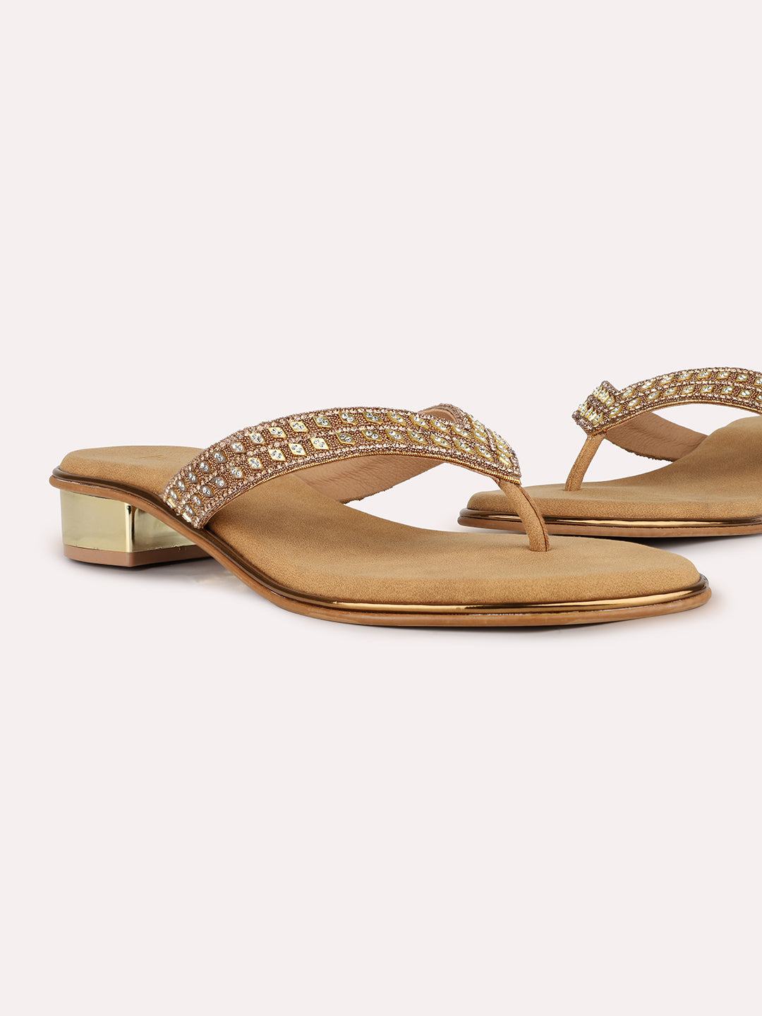 Women Golden Ethnic Embellished Round Toe Block Heel Sandals