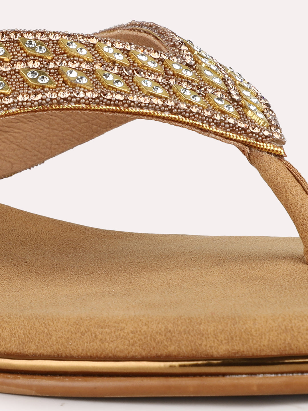 Women Golden Ethnic Embellished Round Toe Block Heel Sandals