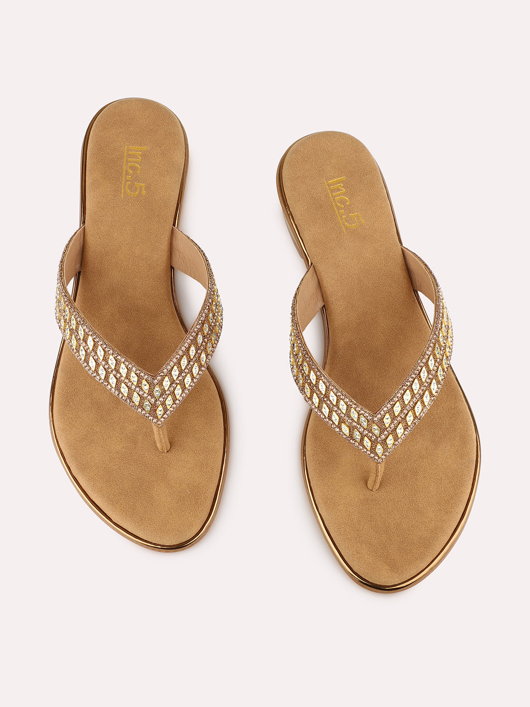 Women Golden Ethnic Embellished Round Toe Block Heel Sandals