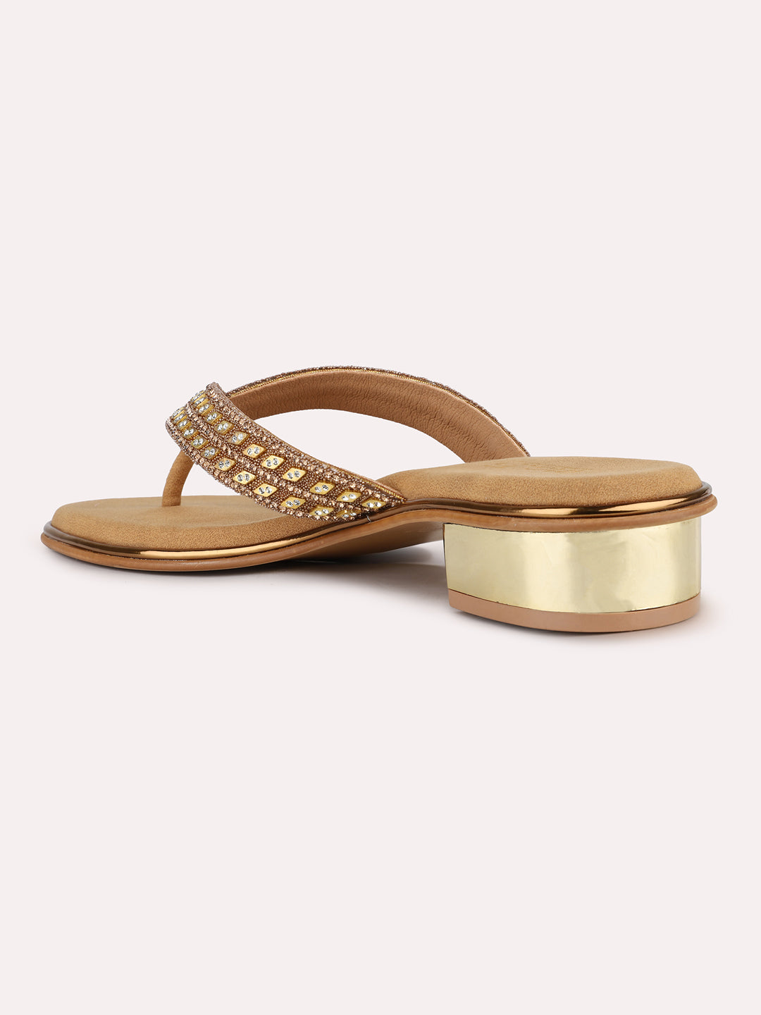 Women Golden Ethnic Embellished Round Toe Block Heel Sandals