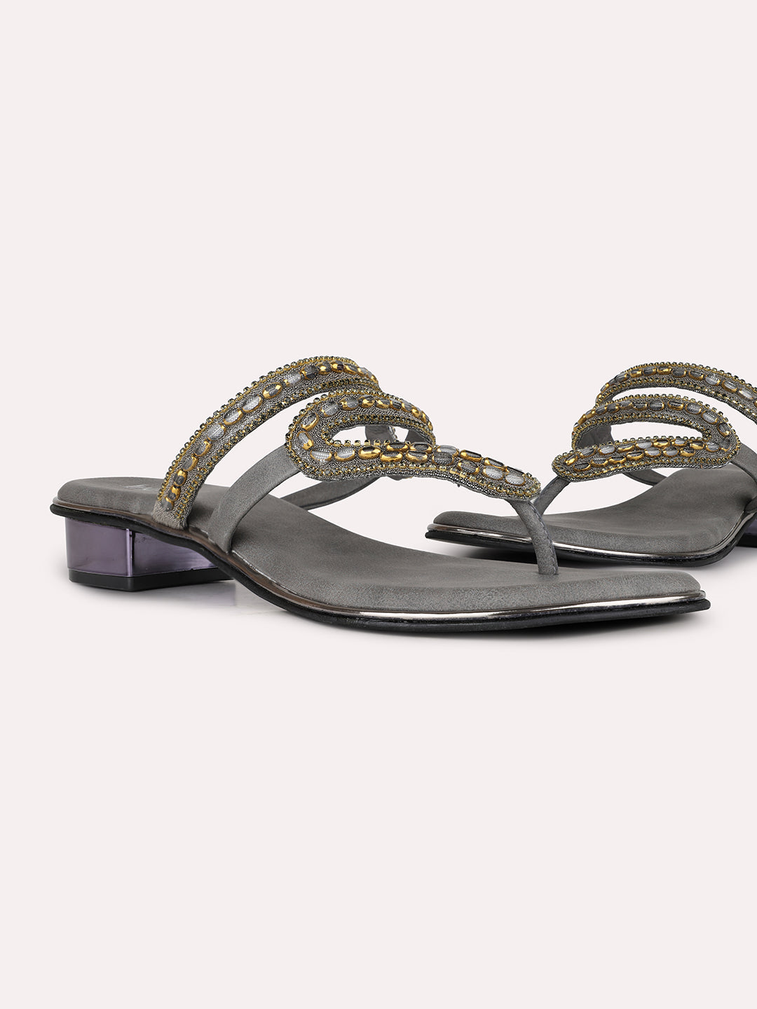 Women Grey Ethnic Embellished Round Toe Block Heel Sandals