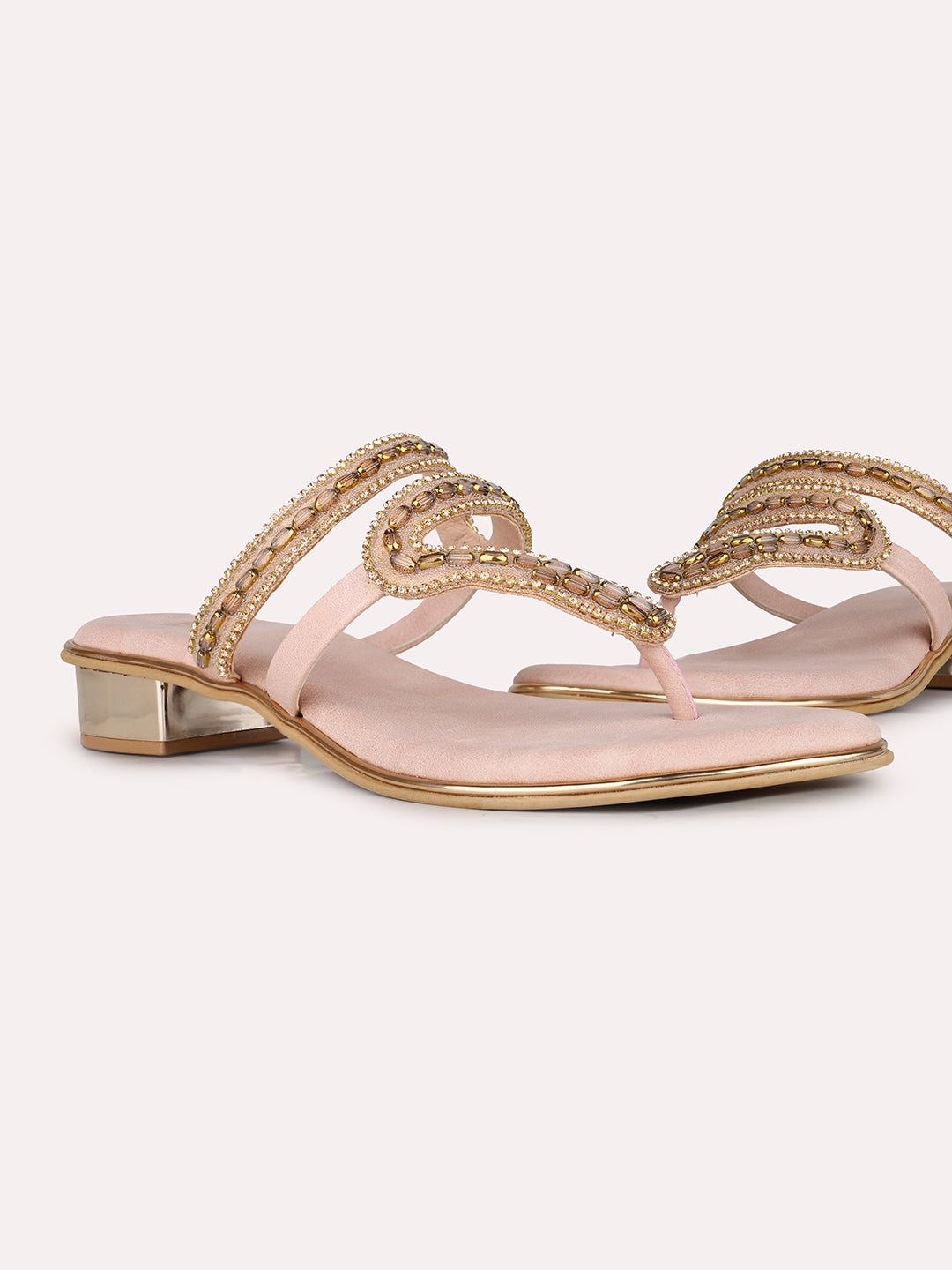 Women Peach Ethnic Embellished Round Toe Block Heel Sandals