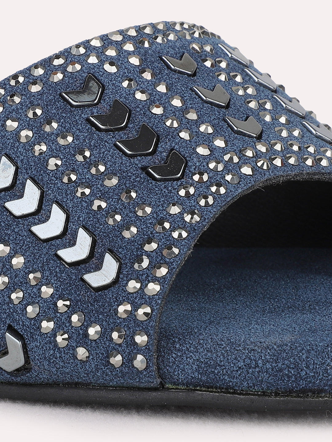 Womens Navy Ethnic Embellished Round Toe Block Heel Sandals