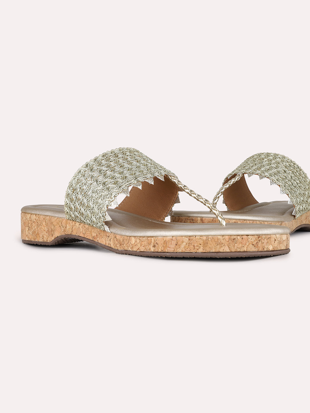 Women Golden Ethnic Embellished Pattern T-Strap Flats Slip-On Sandals