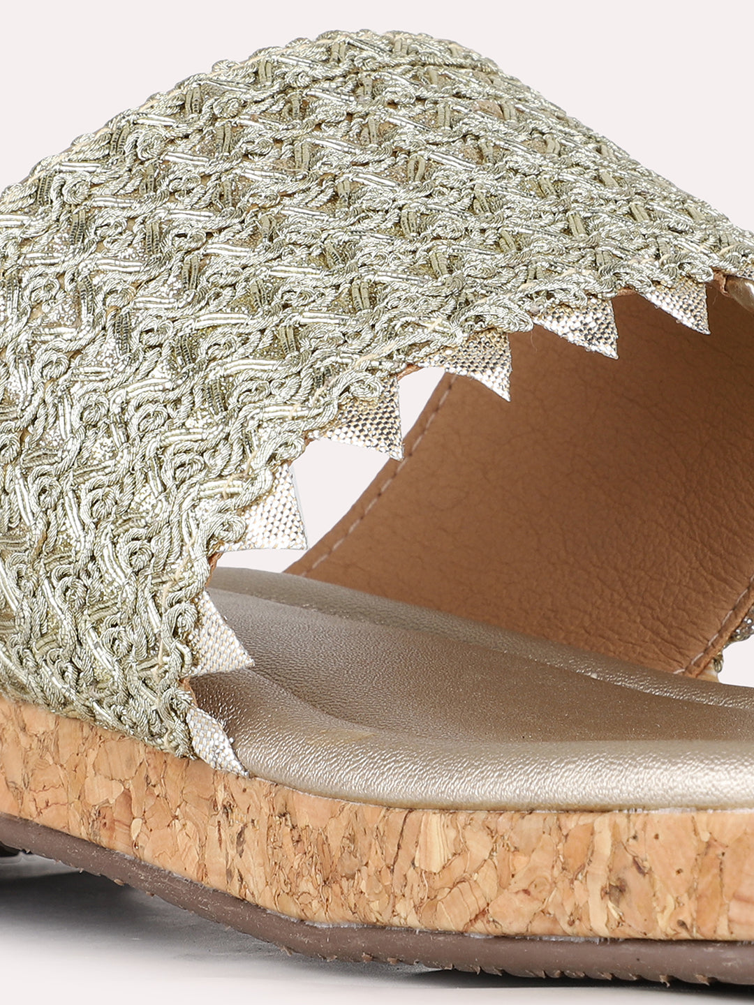 Women Golden Ethnic Embellished Pattern T-Strap Flats Slip-On Sandals