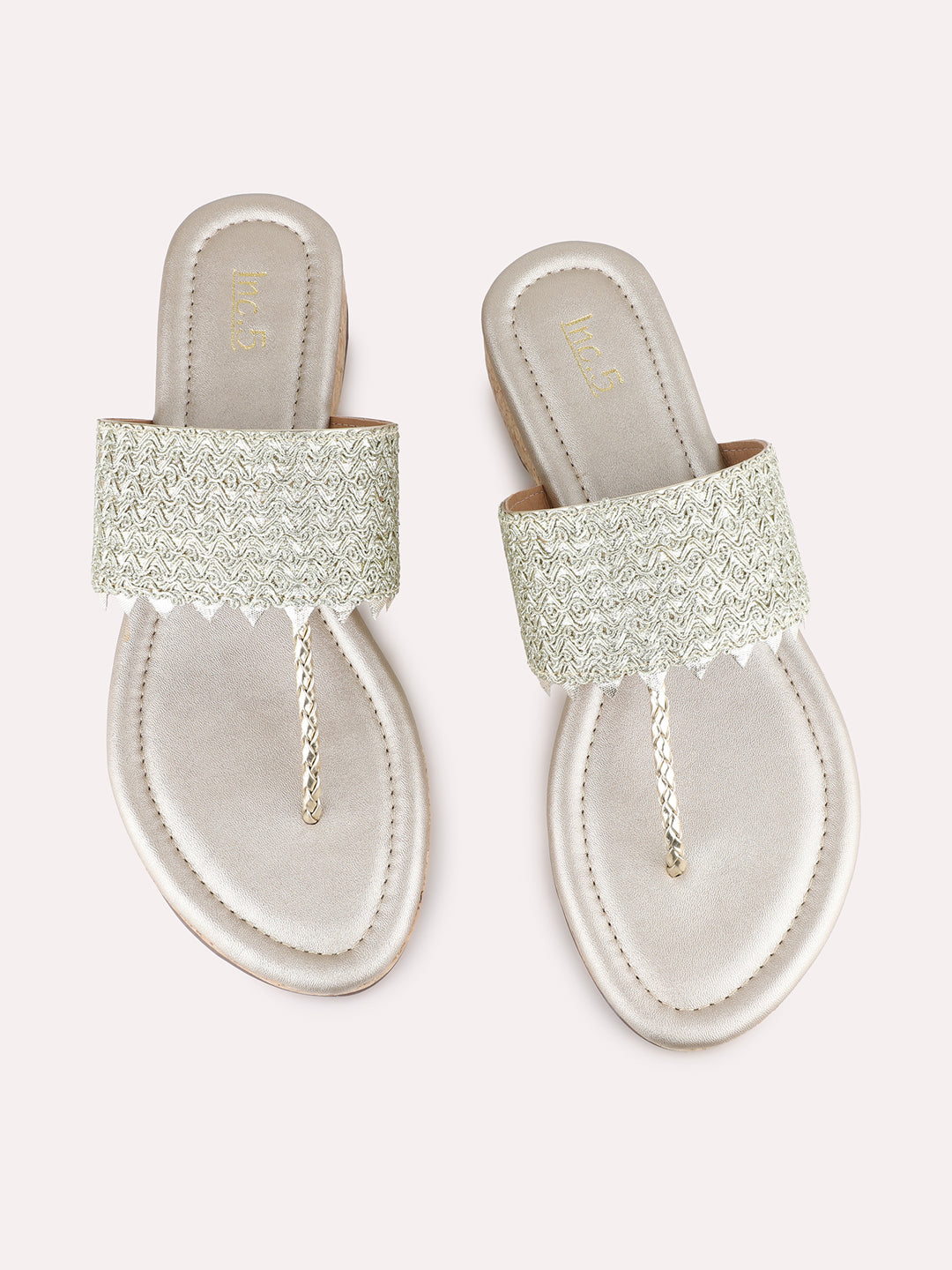 Women Golden Ethnic Embellished Pattern T-Strap Flats Slip-On Sandals