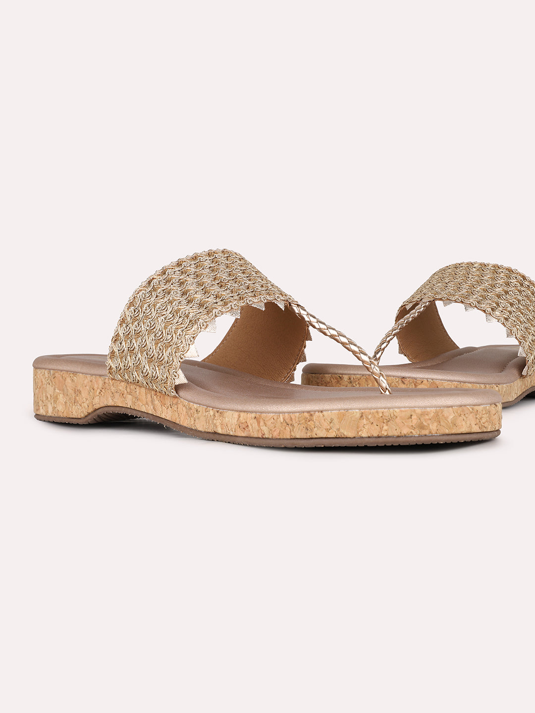 Women Rose Gold Ethnic Embellished T-Strap Slip-On Flat Sandals